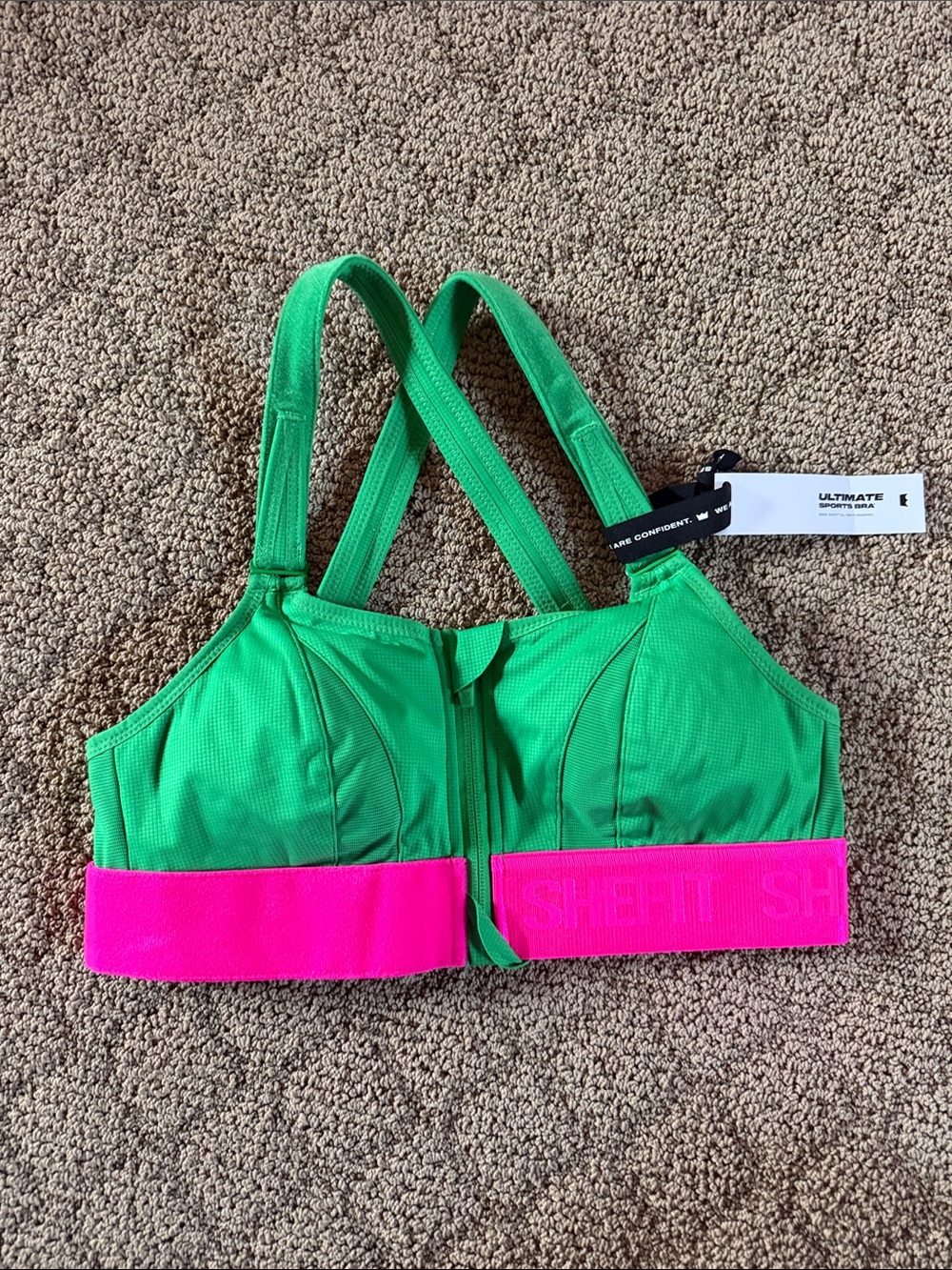 SHEFIT Green Sports Bra with Bright Pink Band